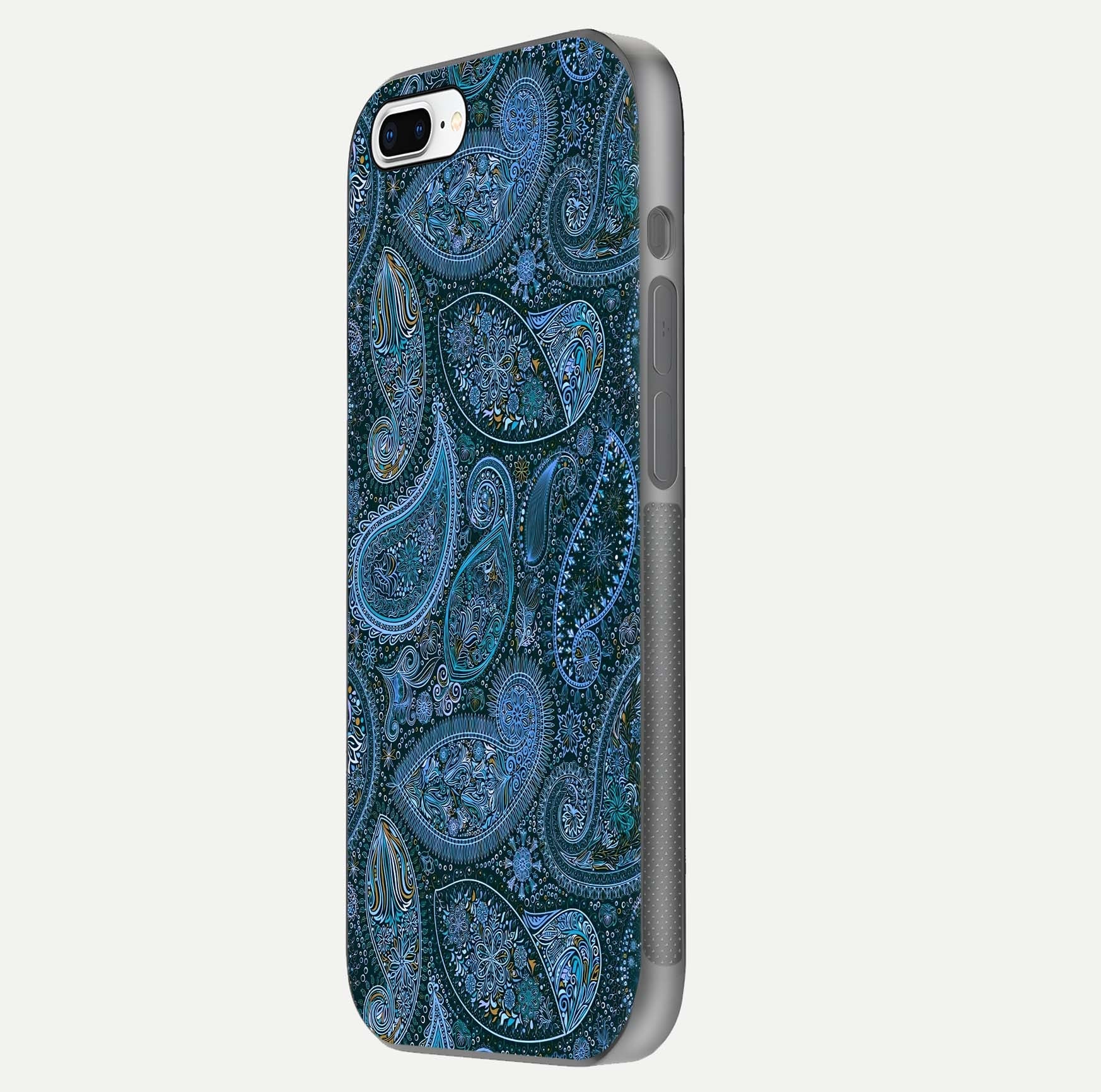 Midnight Paisley Glow Glass Case for iPhone 7 Plus side-angle image revealing reflective gloss and paisley art
