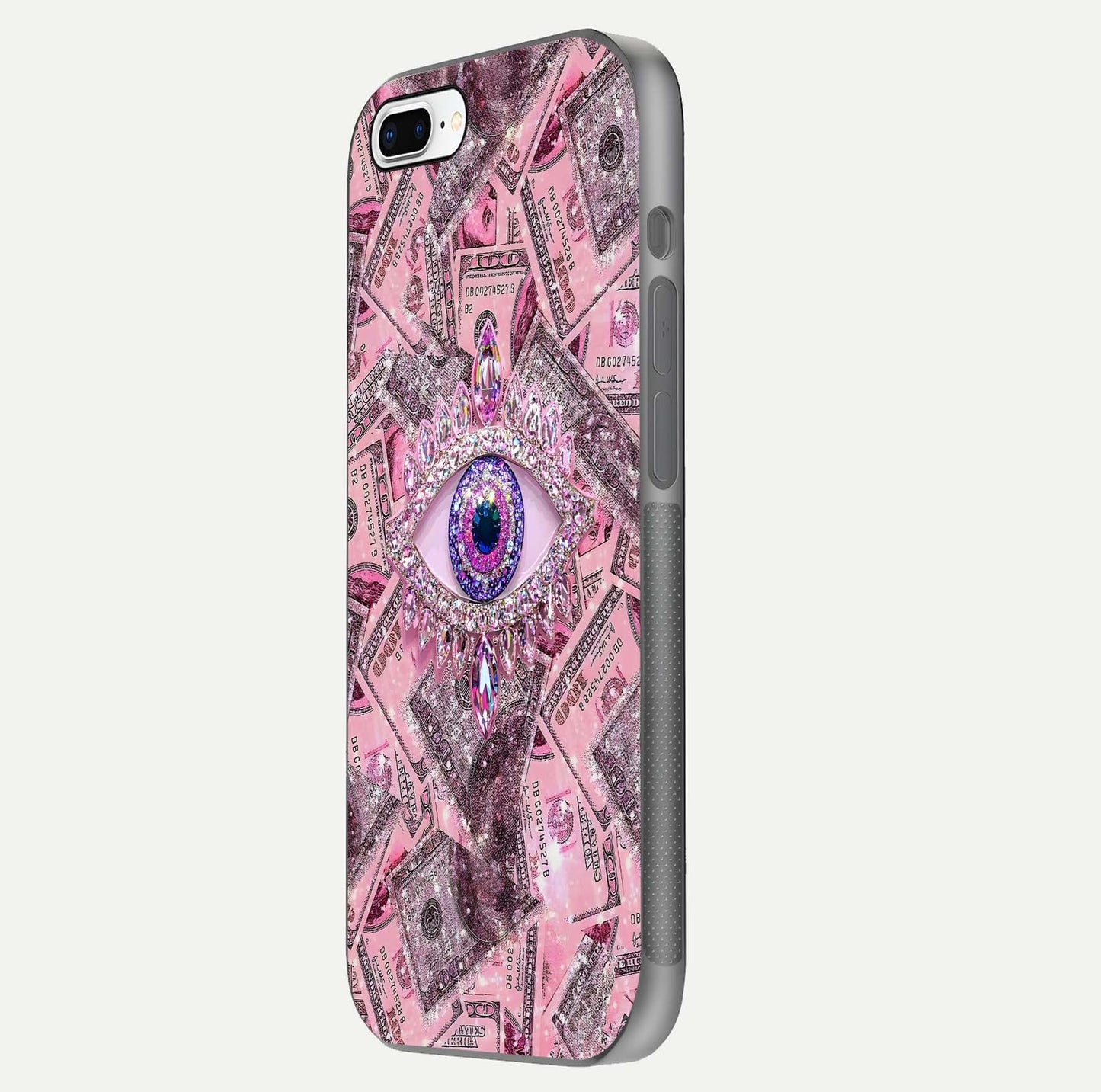 Money Eye Luxe Glass Case for iPhone 7 Plus side-angle image showing HD reflection and luxury print clarity