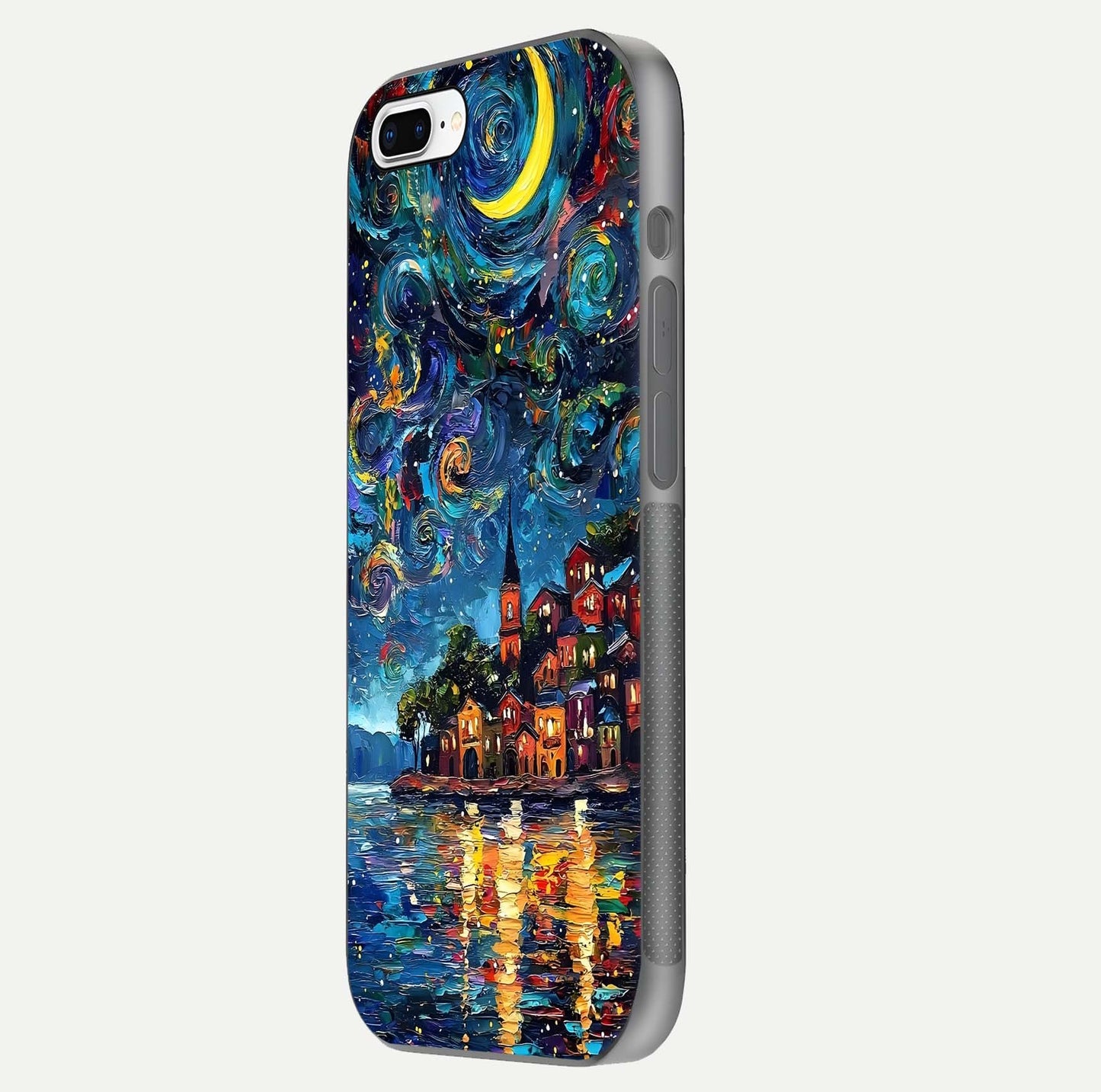 Moonlight Harbor Glow Glass Case for iPhone 7 Plus side-angle image showing reflective surface and ocean tones