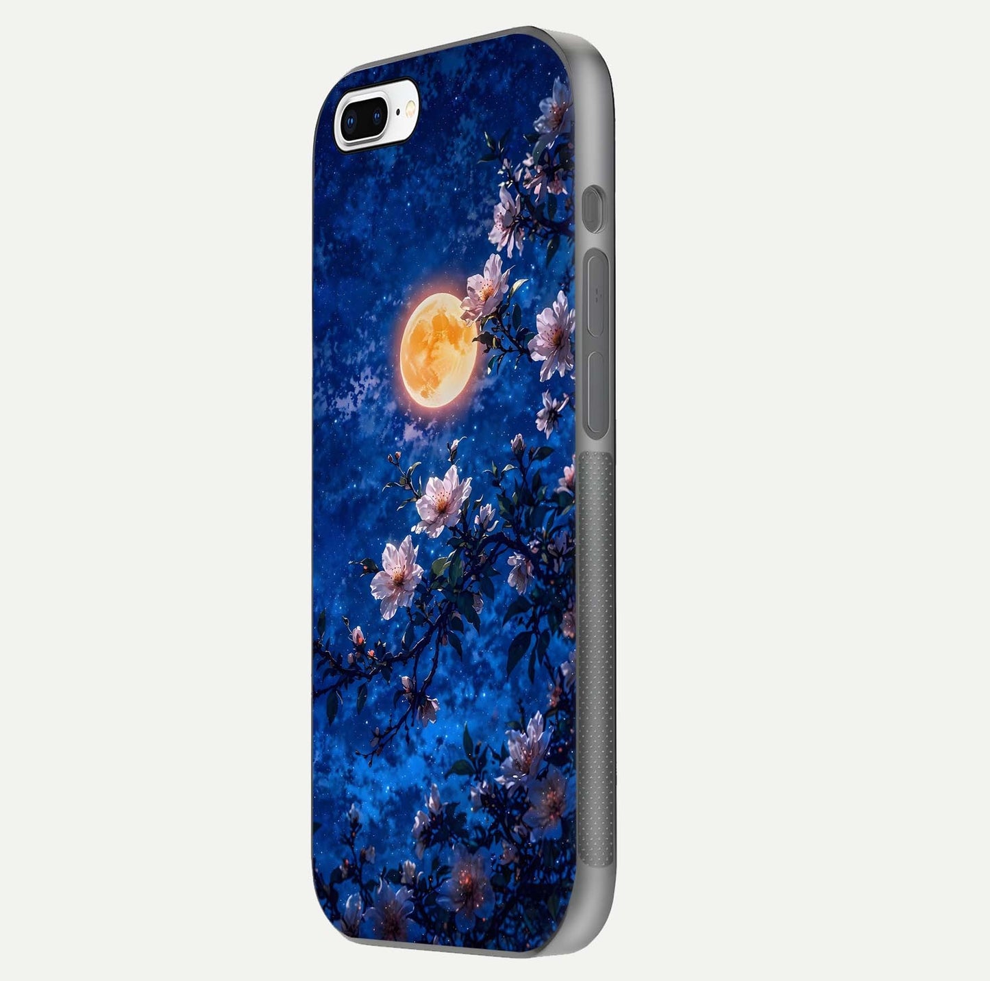 Moonlit Blossoms Night Glass Case for iPhone 7 Plus side-angle image revealing shine and night bloom texture