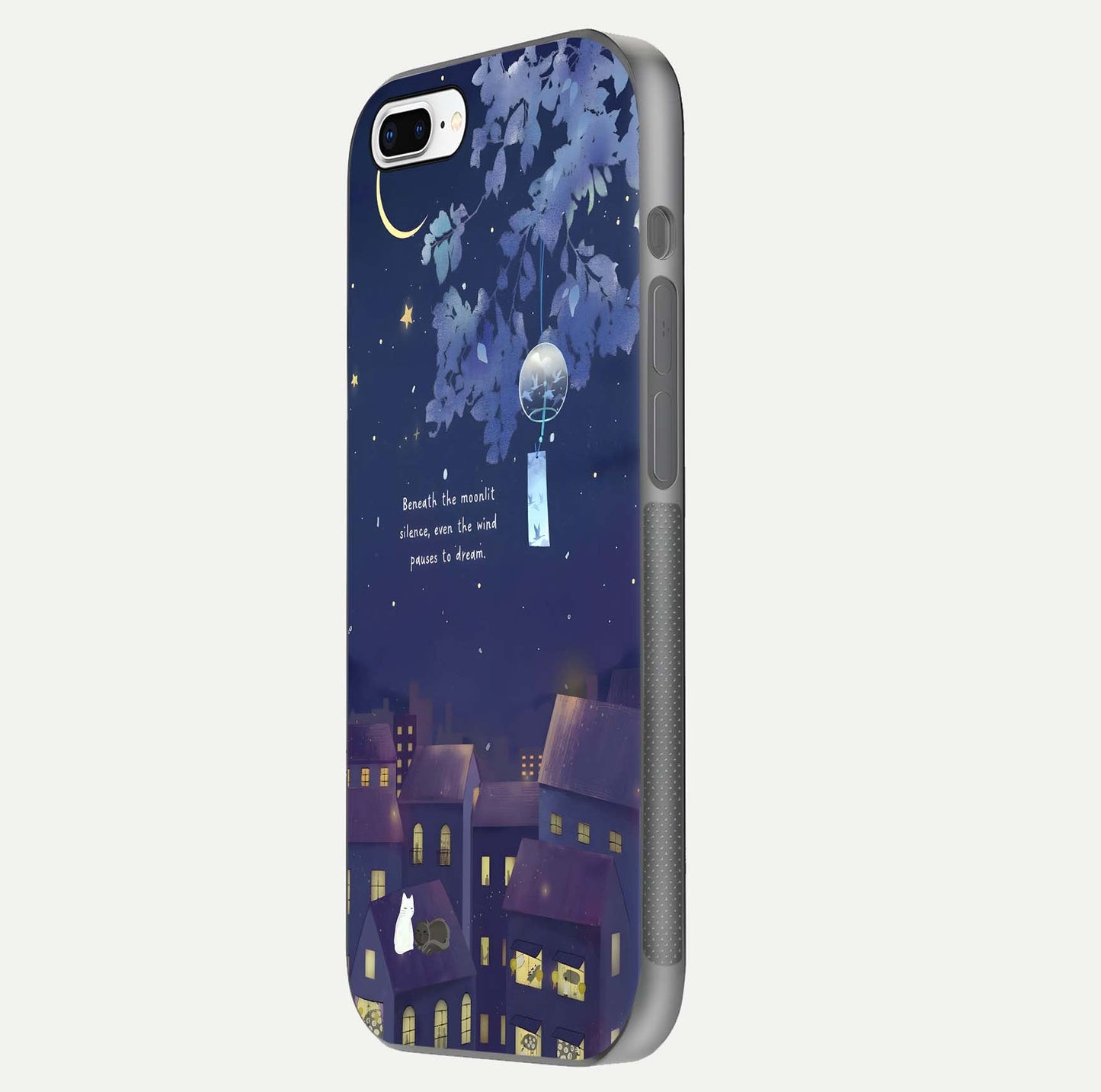 Moonlit Cat Silence Glass Case for iPhone 7 Plus side-angle image showing HD gloss and feline artwork detail