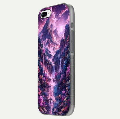 Mystic Cascade Peaks Glass Case for iPhone 7 Plus side-angle image showing reflection and scenic art clarity