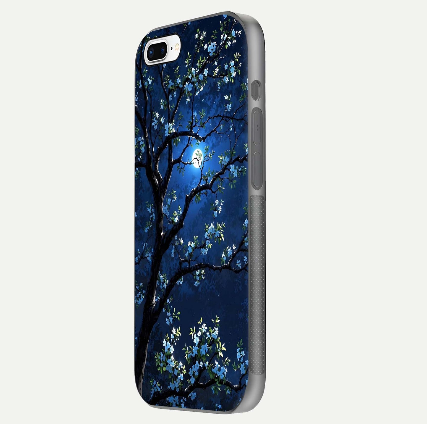 Mystic Floral Night Glass Case for iPhone 7 Plus side-angle image showing gloss surface and midnight floral tones