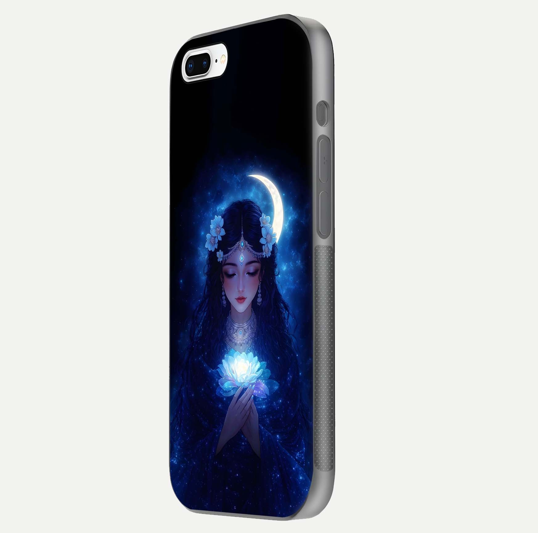 Mystic Moon Queen Glass Case for iPhone 7 Plus side-angle image showing reflection and celestial details