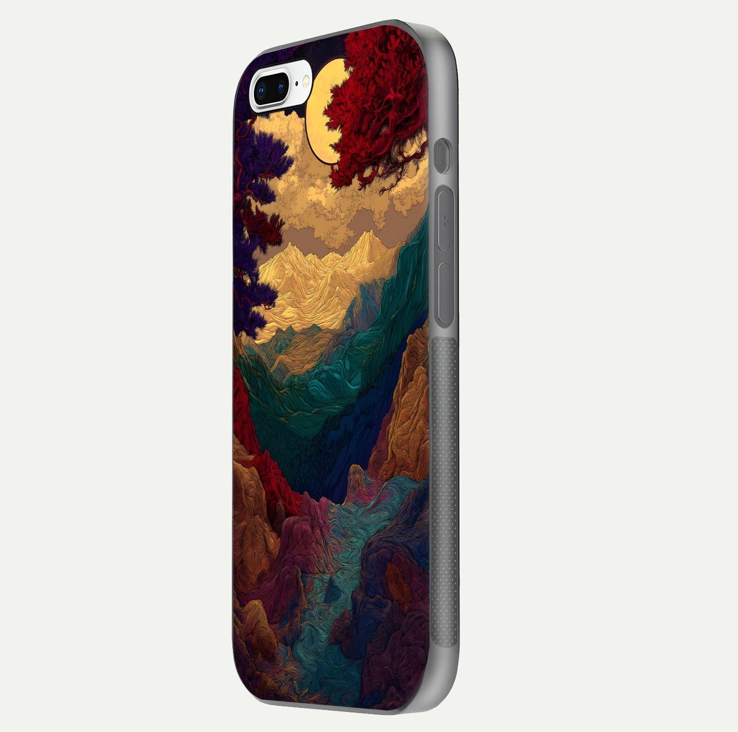Mystic Valley Light Glass Case for iPhone 7 Plus side-angle image showing shine and peaceful hues