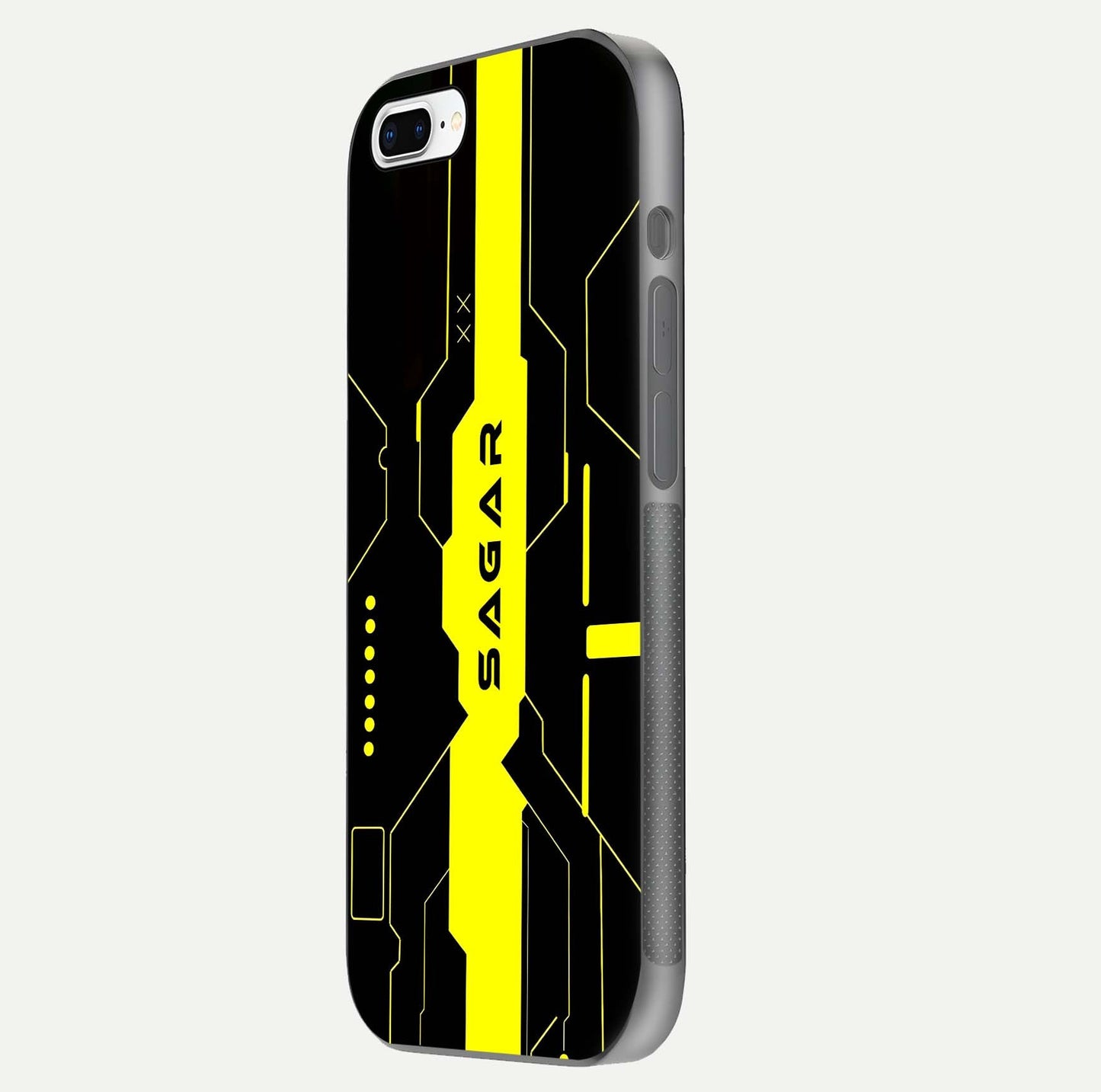 Neon CYBERPUNK Custom Name Glass Case for iPhone 7 Plus side-angle image showing glow depth and bold print