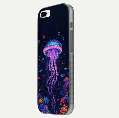 Neon Jellyfish Glass Case for iPhone 7 Plus side-angle image showing reflection and oceanic light detailing