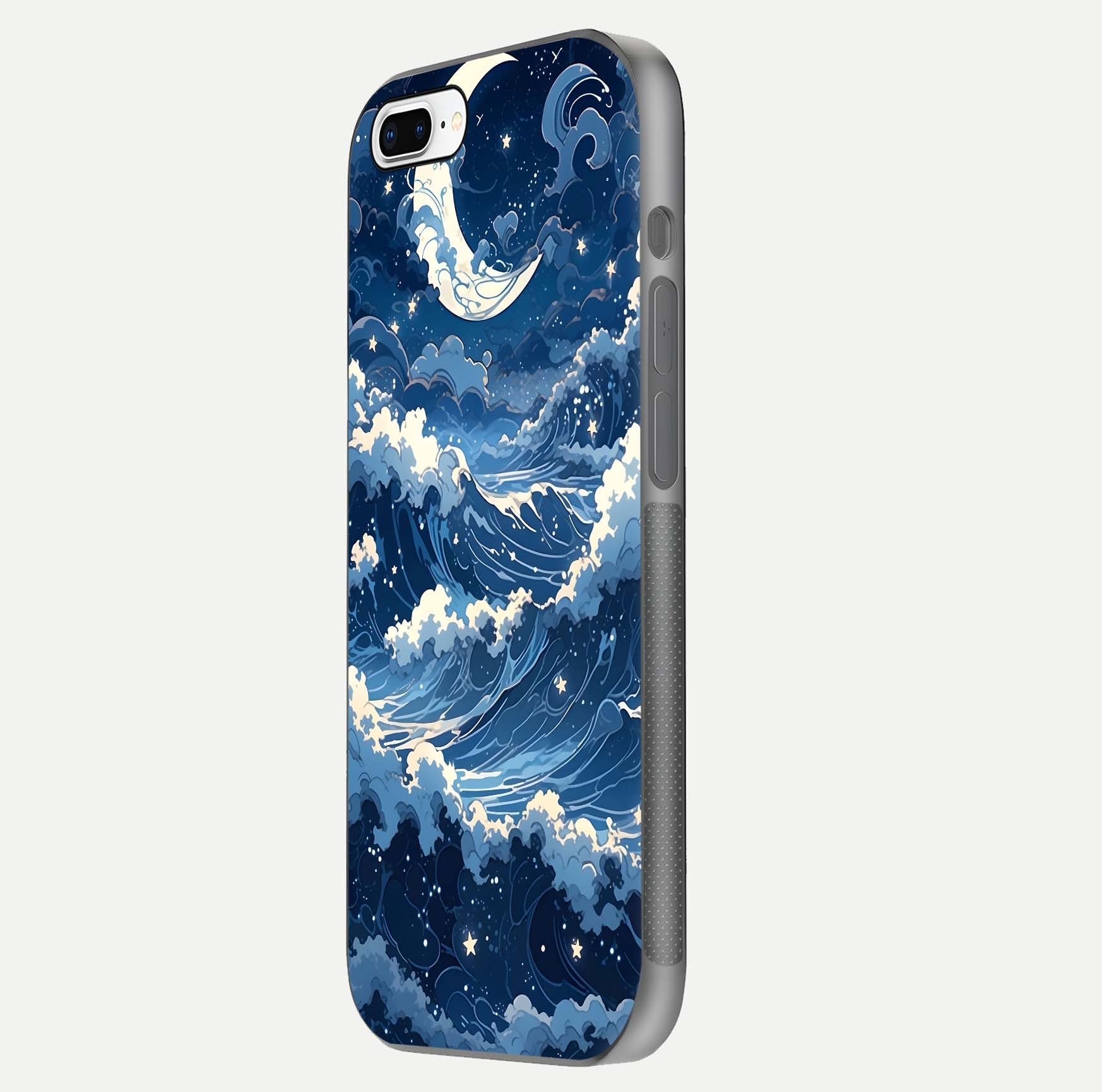 Ocean Moon Waves Glass Case for iPhone 7 Plus side-angle image showing shine and ocean gradient tones