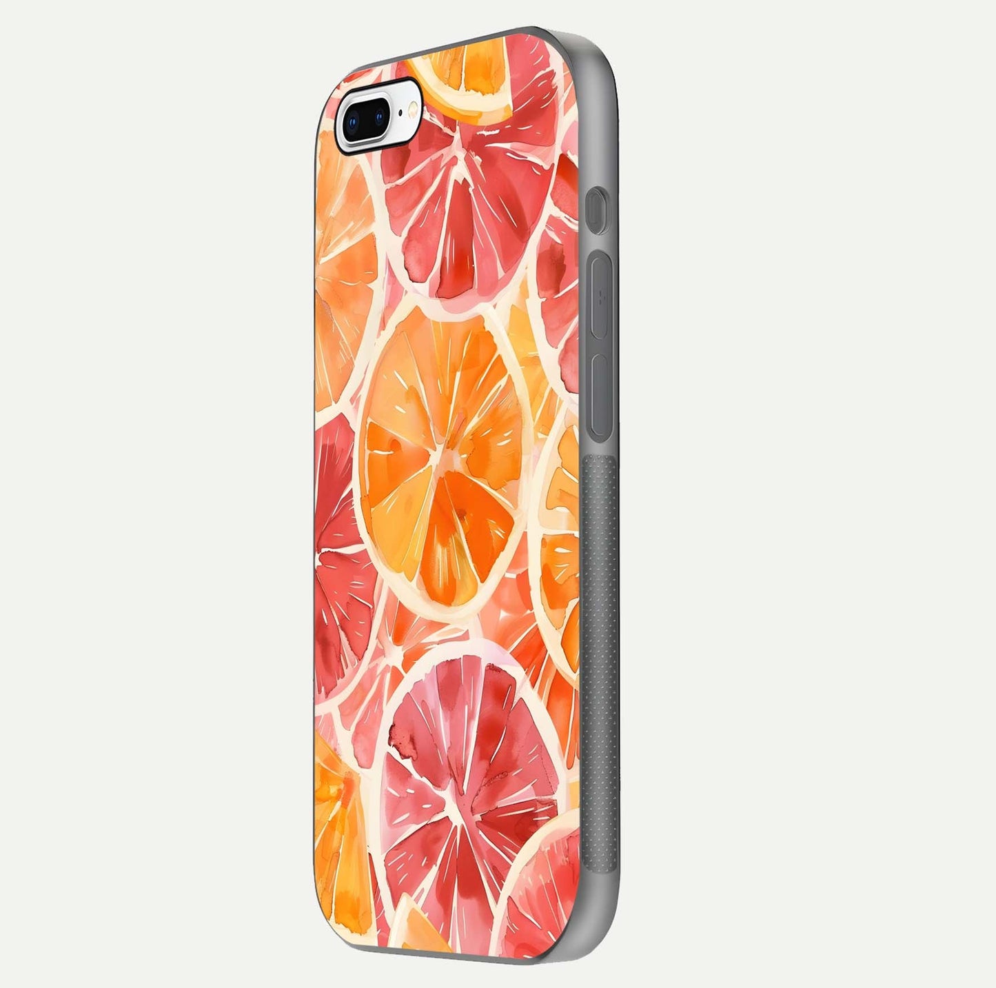 Orange Fruits Pattern Glass Case for iPhone 7 Plus side-angle image showing glossy shine and citrus pattern