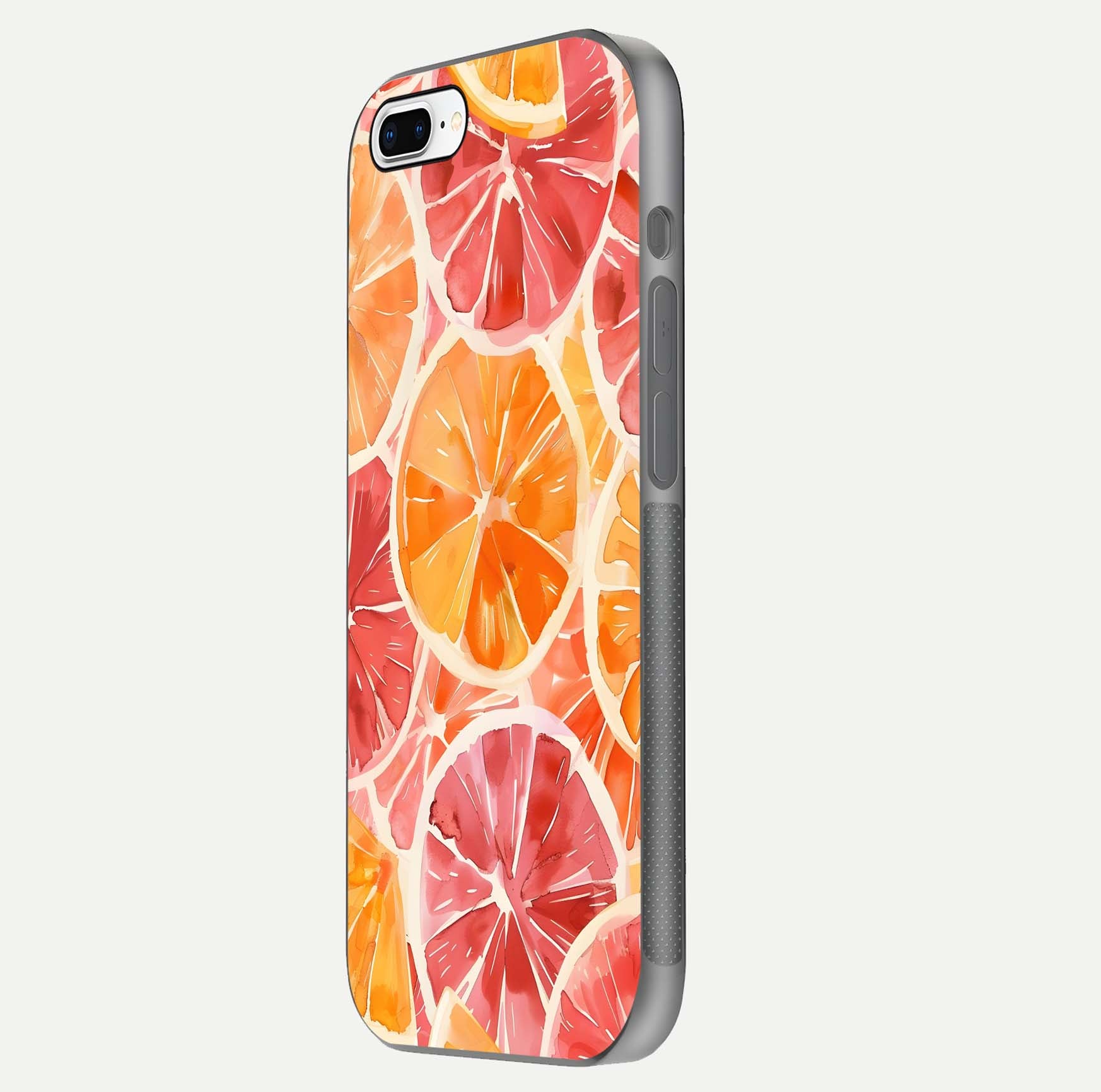 Orange Fruits Pattern Glass Case for iPhone 7 Plus side-angle image showing glossy shine and citrus pattern