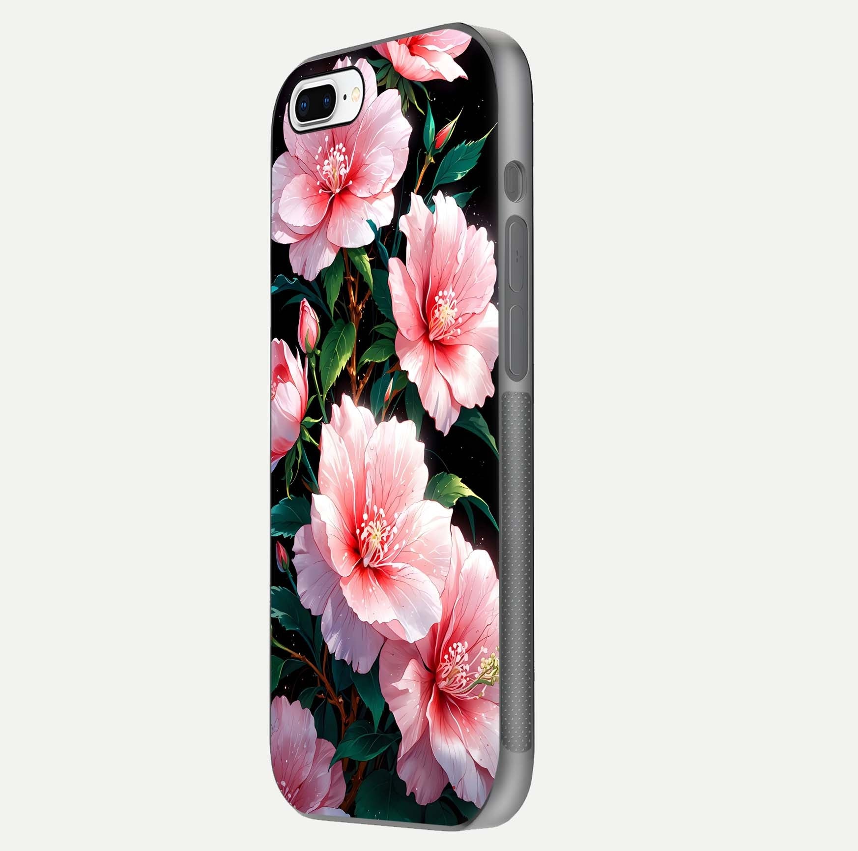 Peach Flower Glass Case for iPhone 7 Plus side-angle image showing gloss depth and peach blossom detail