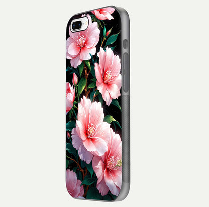 Peach Flower Glass Case for iPhone 7 Plus side-angle image showing gloss depth and peach blossom detail