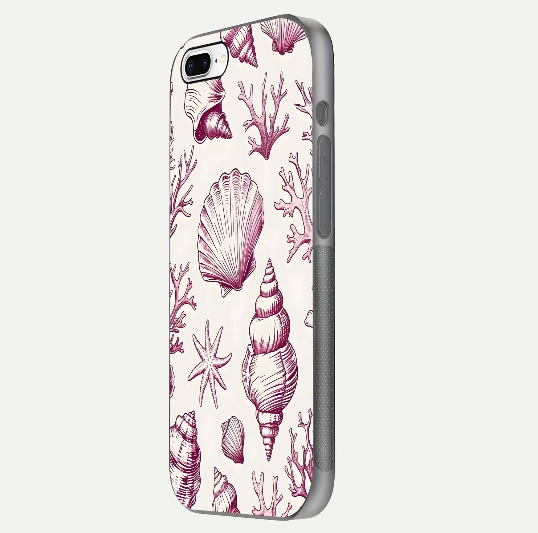 Pink Shells Outline Glass Case for iPhone 7 Plus side-angle image showing shine and intricate outline texture