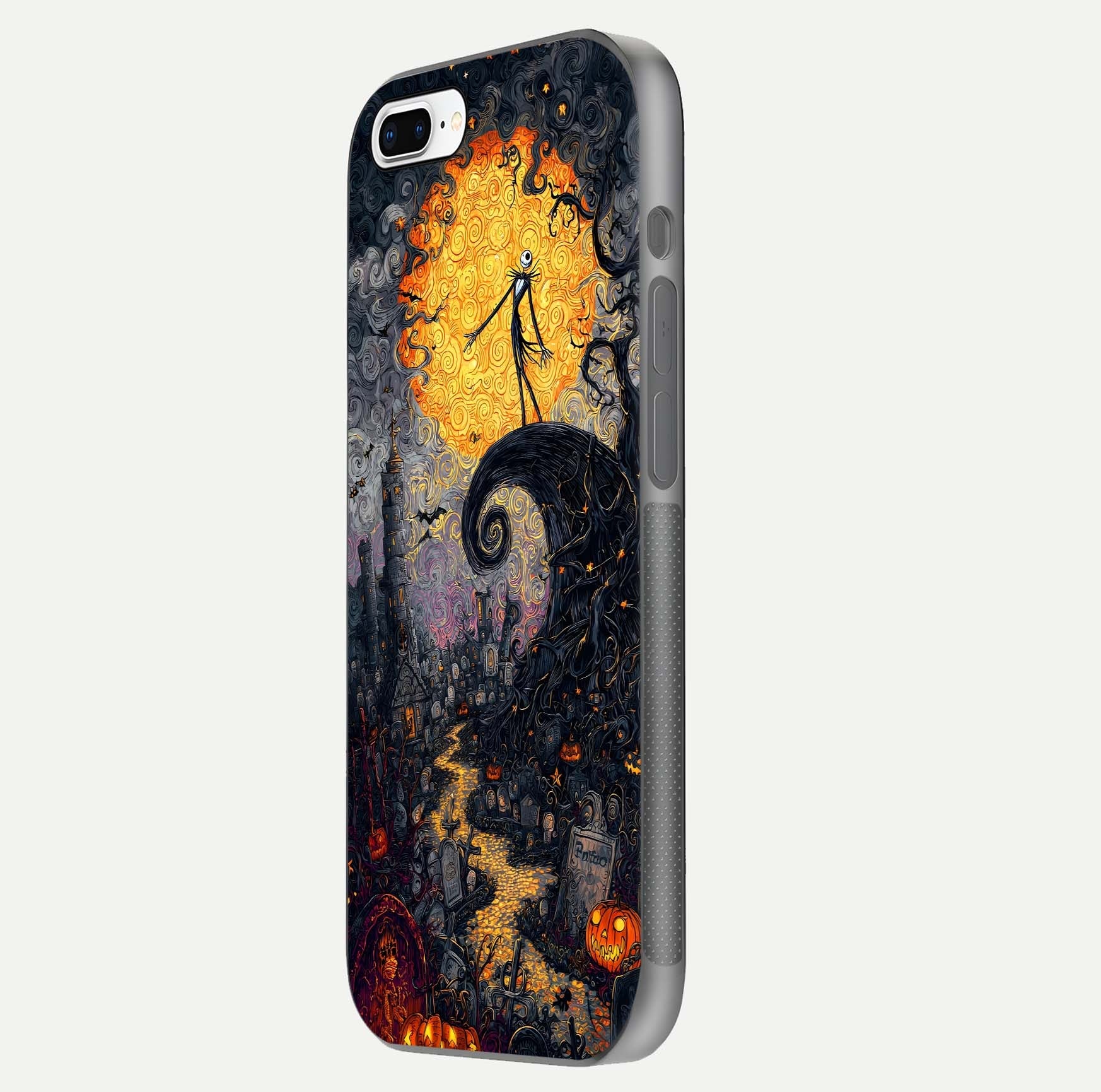 Pumpkin Moon Night Glass Case for iPhone 7 Plus side-angle image showing reflection depth and pumpkin pattern