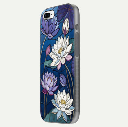 Purple Lotus Stained Glass Case for iPhone 7 Plus side-angle image showing gloss, reflection, and intricate detailing