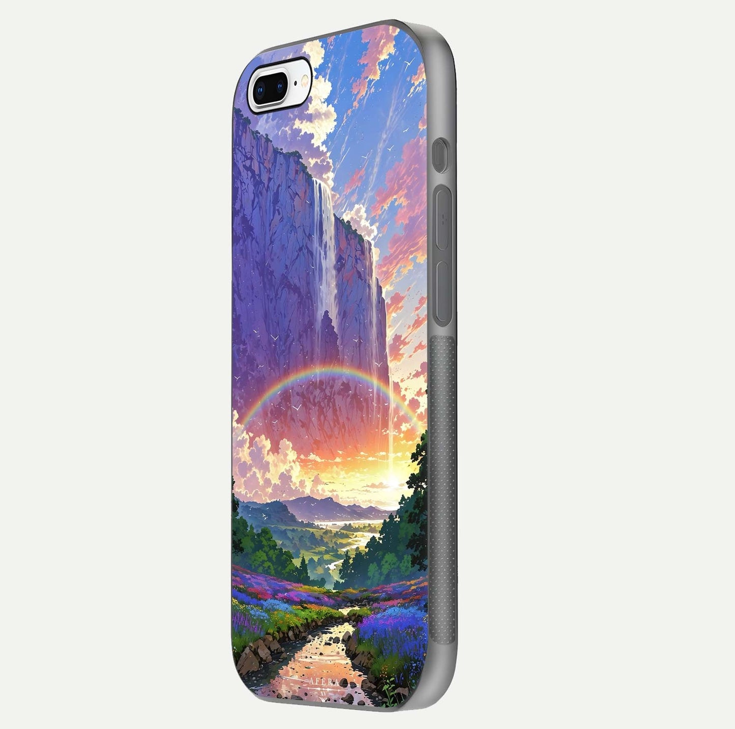 Rainbow Valley Dream Glass Case for iPhone 16 Pro side-angle image showing light reflection and scenic tones