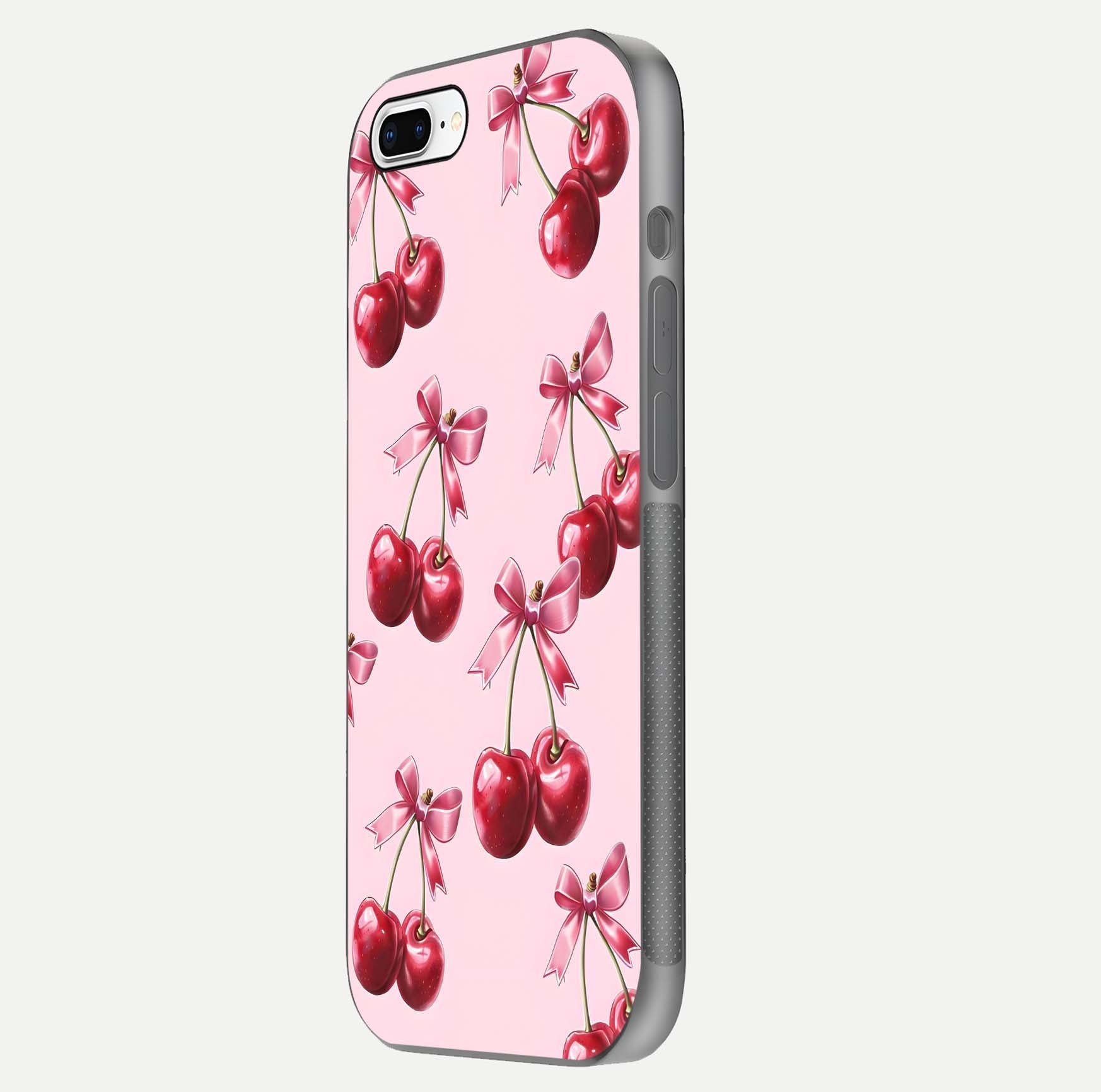 Red Cherries Pattern Glass Case for iPhone 7 Plus side-angle image showing gloss surface and cherry details