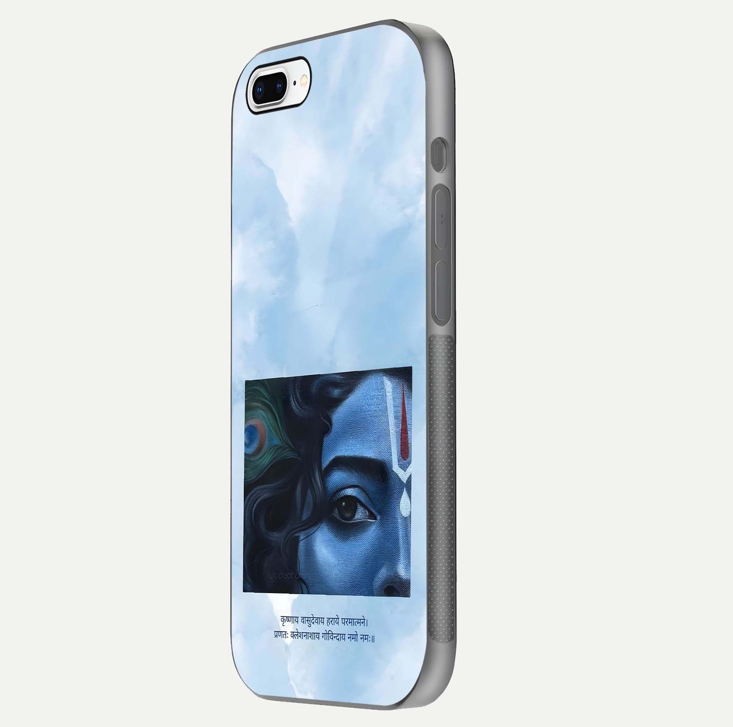 Spiritual Krishna Glass Case for iPhone 16 Pro side-angle image showing reflection and vivid artwork clarity