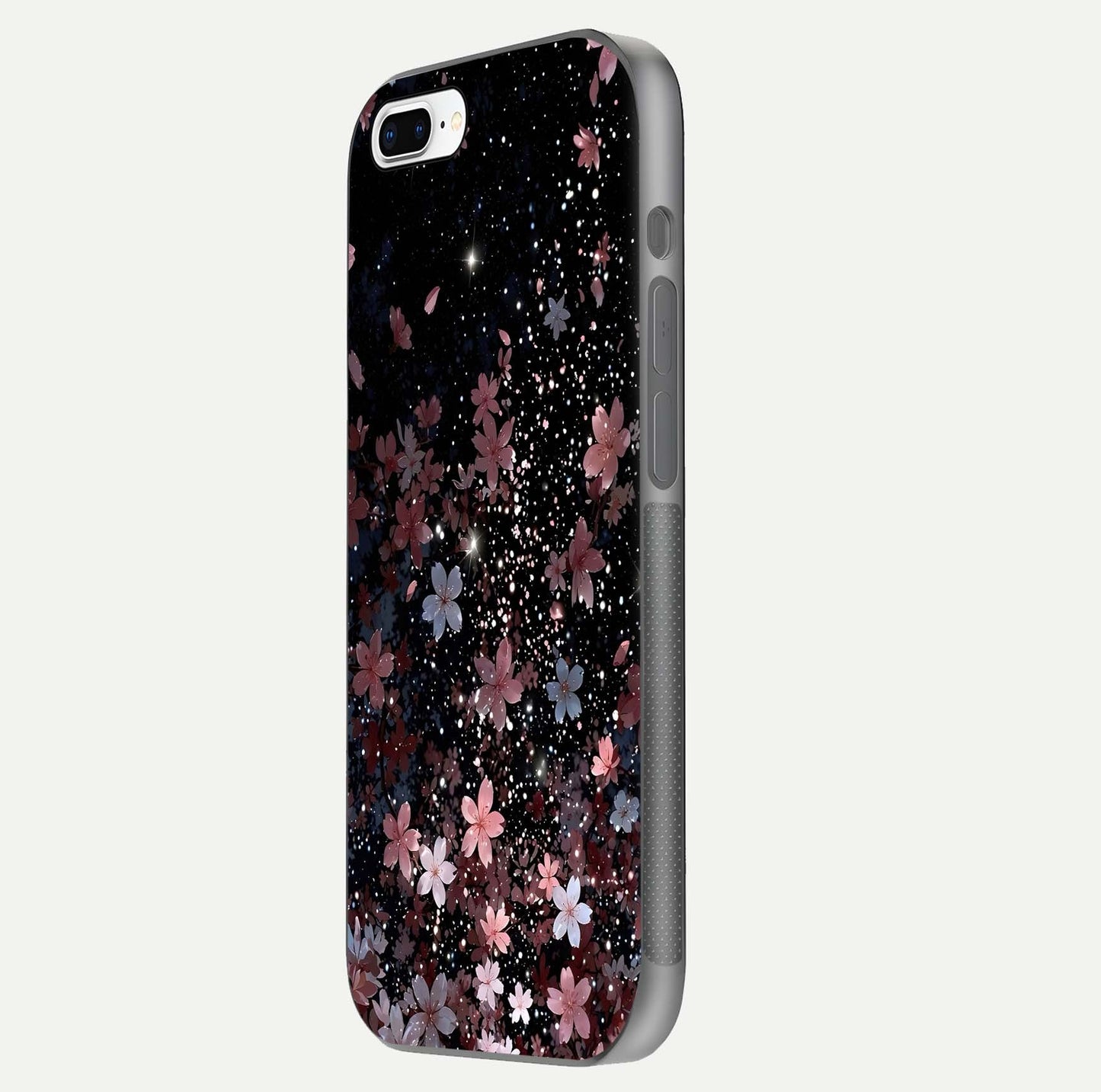Starlit Flower Dreams Glass Case for iPhone 7 Plus side-angle image showing shine, edge detail, and floral contrast