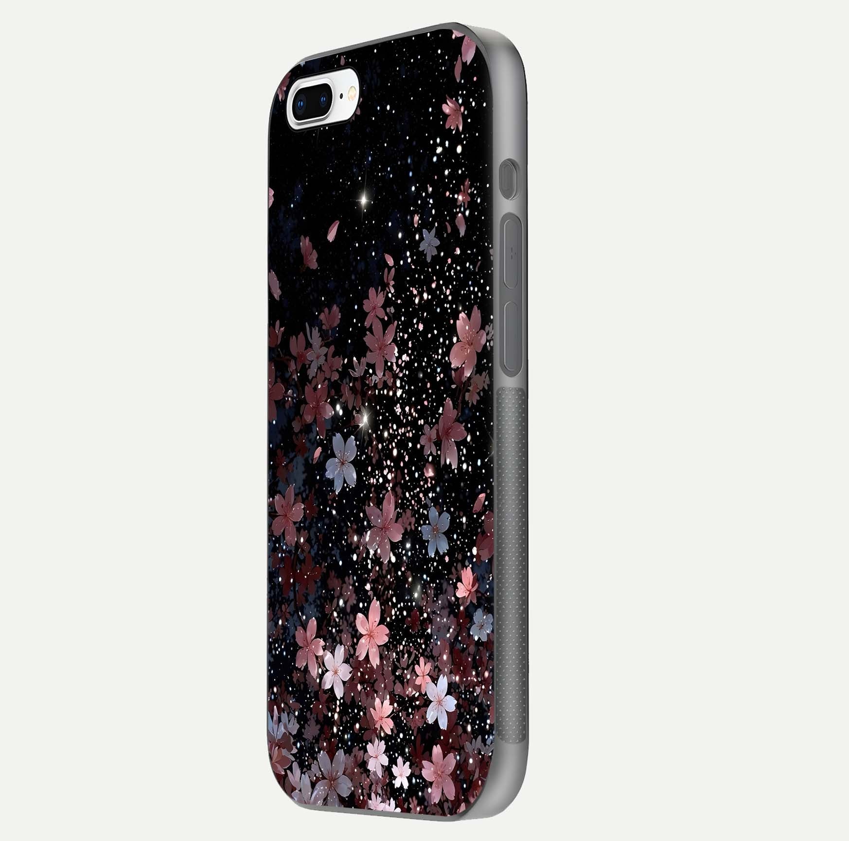 Starlit Flower Dreams Glass Case for iPhone 7 Plus side-angle image showing shine, edge detail, and floral contrast