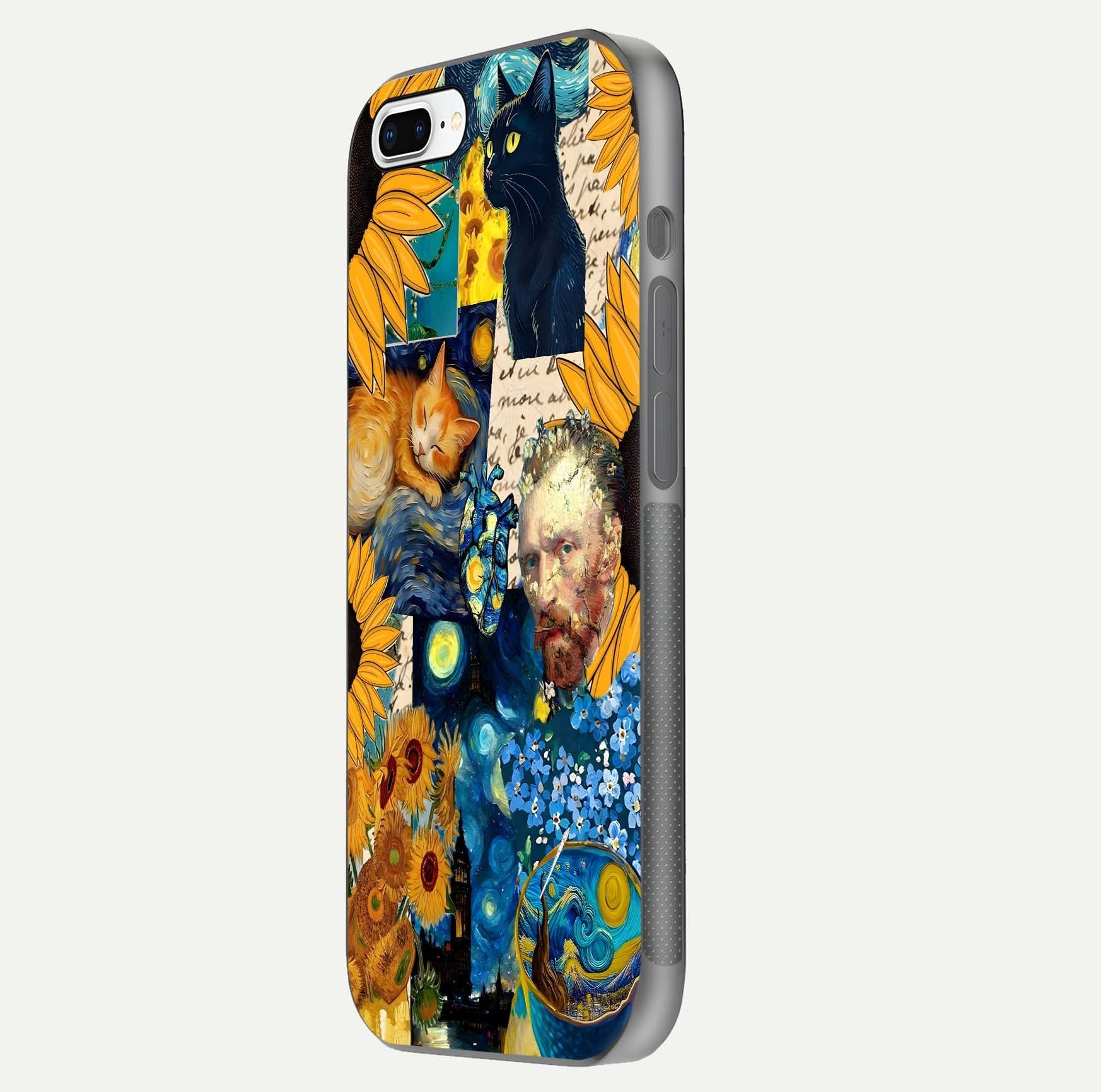 Sunflower Cat Art Glass Case for iPhone 7 Plus side-angle image showing shine, edges, and sunflower texture