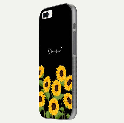 Sunflower Chic Mood Custom Name Glass Case for iPhone 16 Pro side-angle image showing reflection and yellow floral tone