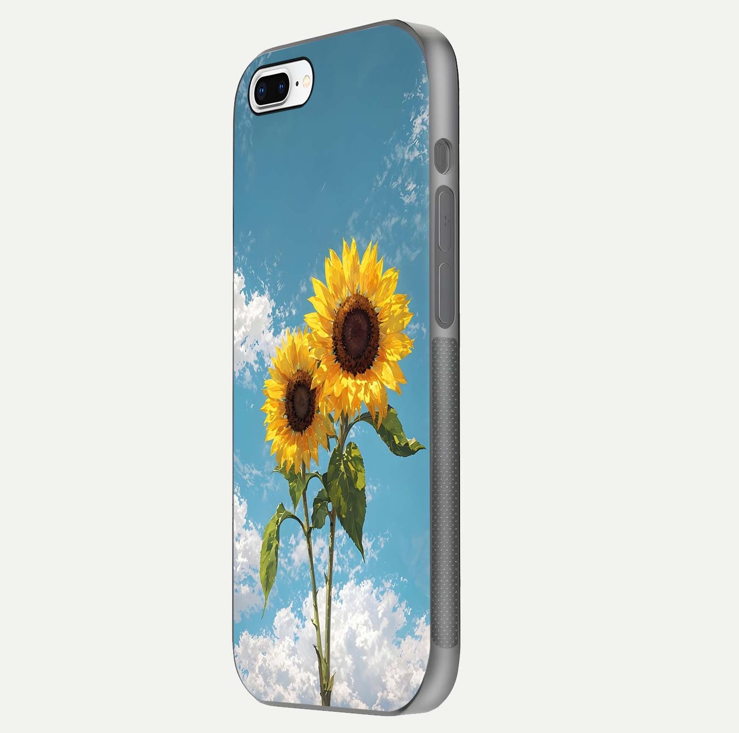 Sunflower Sky Bloom Glass Case for iPhone 7 Plus side-angle image showing reflection, edges, and sunflower color