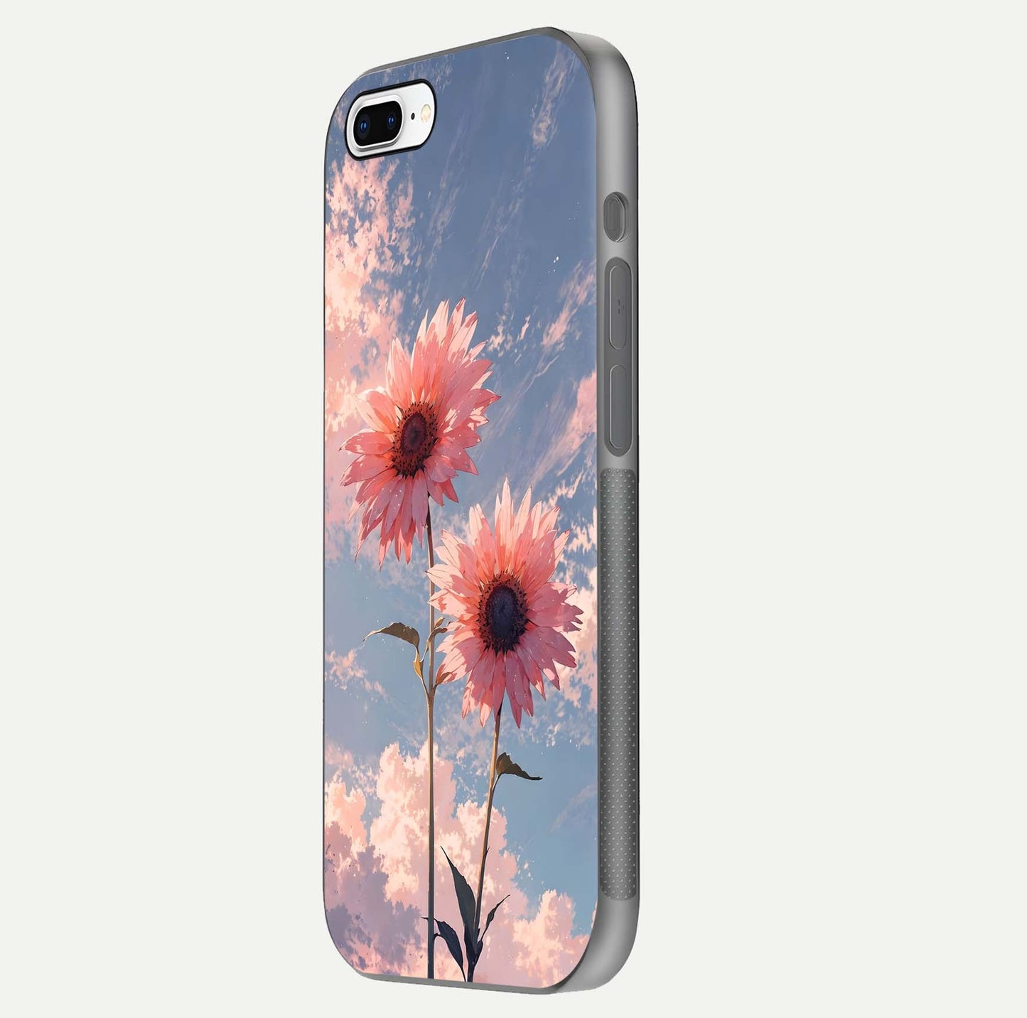 Sunlit Daisy Glow Glass Case for iPhone 7 Plus side-angle image showing shine, gloss, and floral highlight