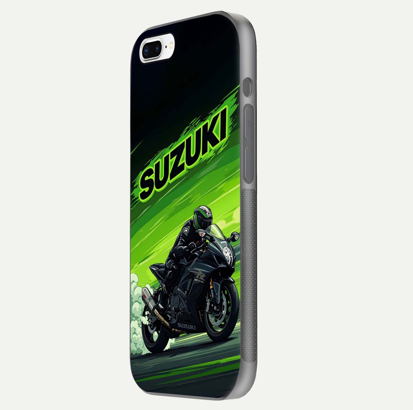 Suzuki Speed Beast Glass Case for iPhone 7 Plus side-angle image showing reflection, gloss, and car detailing