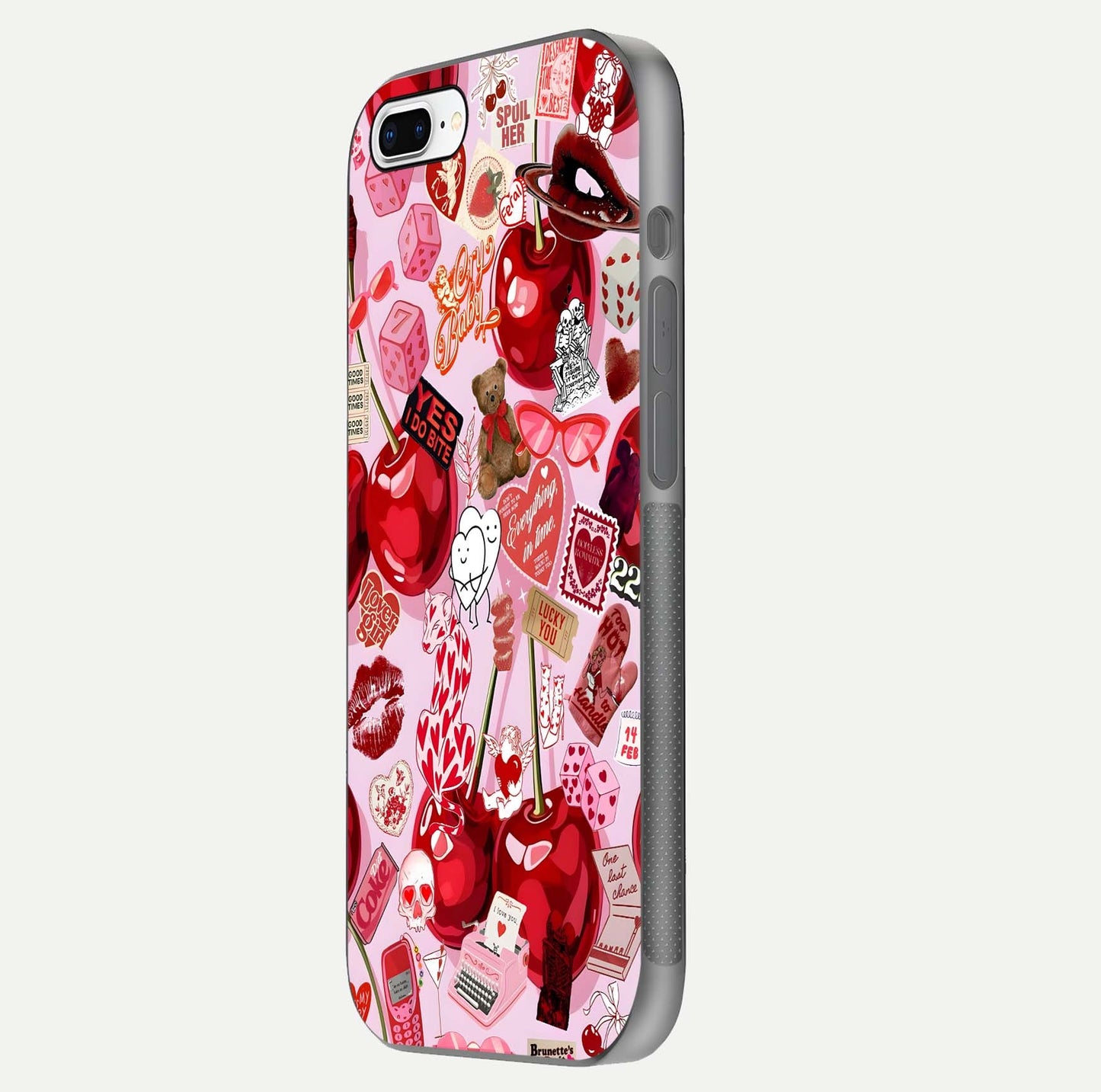 Sweet Cherry Chaos Glass Case for iPhone 7 Plus side-angle image showing shine, gloss, and cherry details