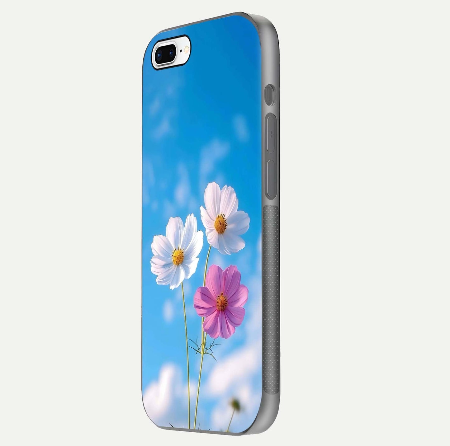 Triple Flowers With Sky Glass Case for iPhone 7 Plus side-angle image showing gloss, texture, and floral design