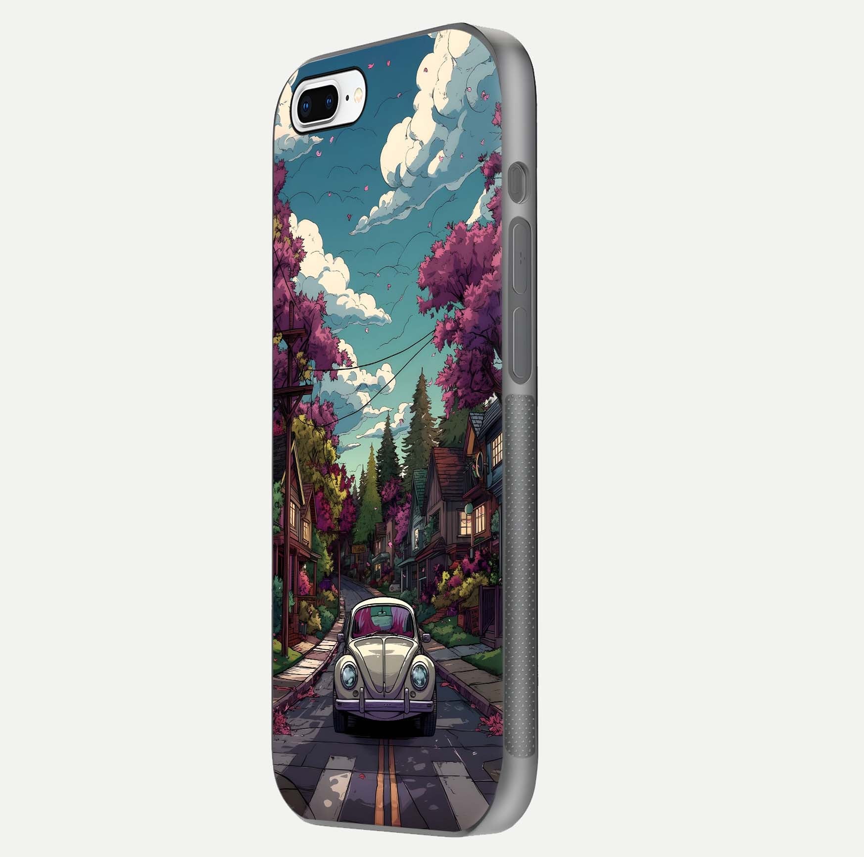 Vintage Street Drive Glass Case for iPhone 7 Plus side-angle image showing gloss reflection and design detail