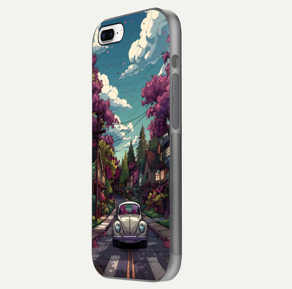 Vintage Street Drive Glass Case for iPhone 7 Plus side-angle image showing gloss reflection and design detail