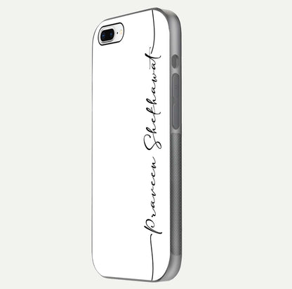 White Tune Custom Name Glass Case for iPhone 7 Plus side-angle image showing shine, gloss, and minimal tone