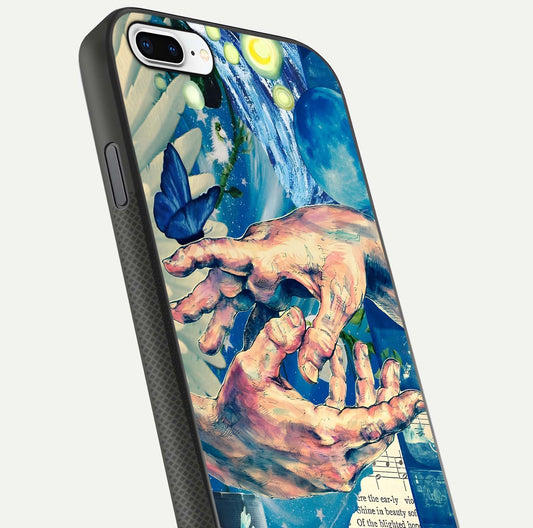 Aesthetic Divider Glass Case for iPhone 7 Plus close-up angled shot showing detailed divider artwork and gloss reflection