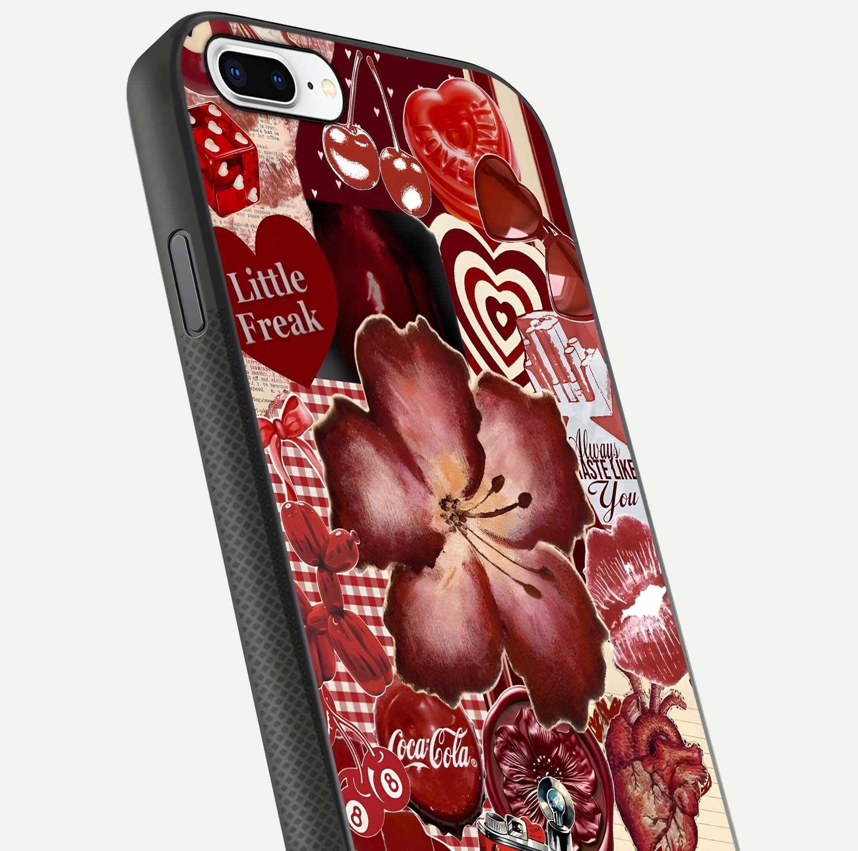 Aesthetic Little Freak Glass Case for iPhone 16 Pro close-up angled shot showing detailed artwork, bold design, and gloss reflection