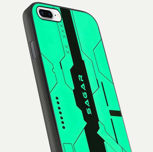 Aqua Tech CYBERPUNK Custom Name Glass Case for iPhone 7 Plus close-up angle showing futuristic blue lights and reflections
