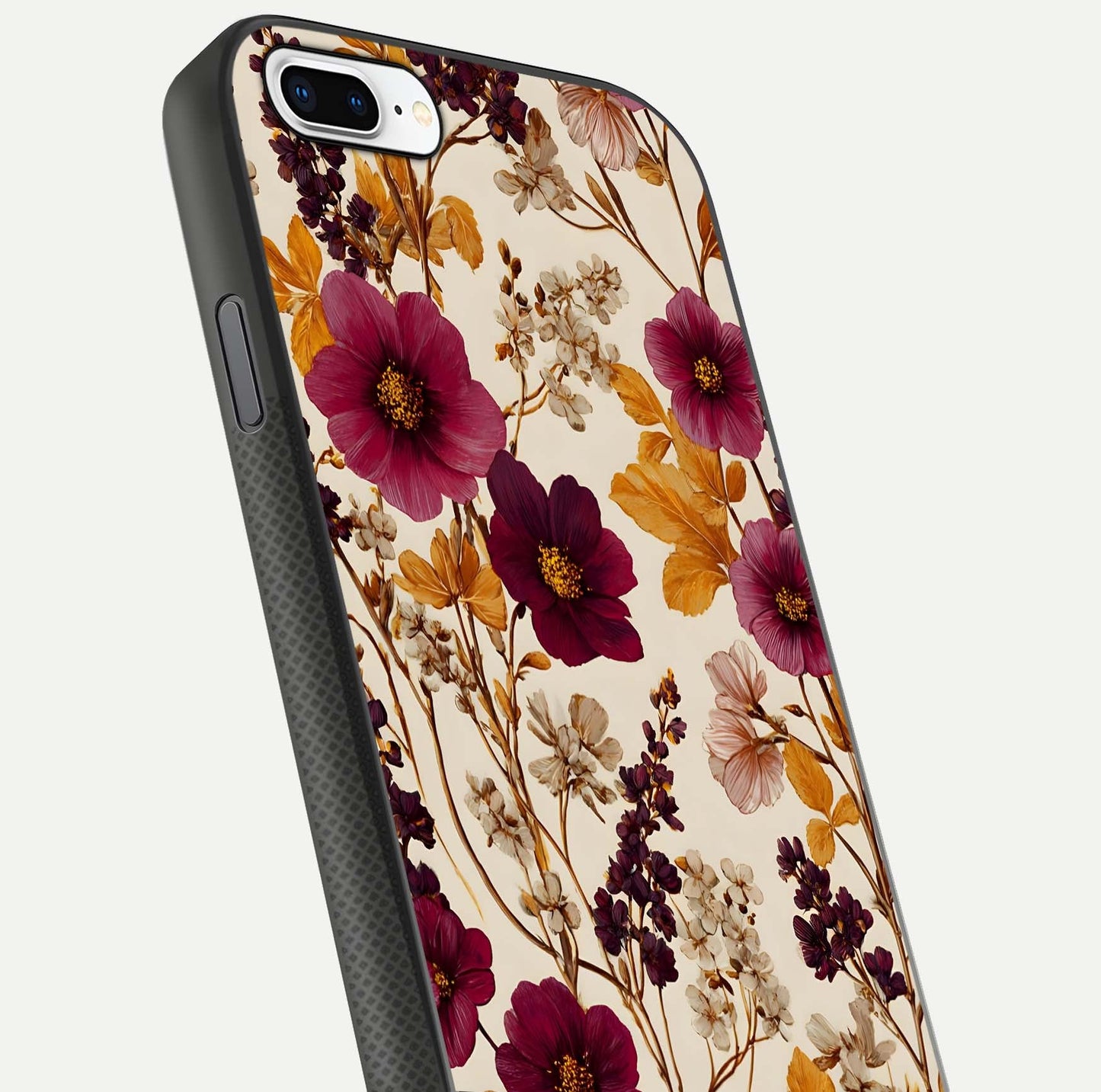 Autumn Wine Bloom Glass Case for iPhone 16 Pro close-up highlighting petal detail and gloss reflection