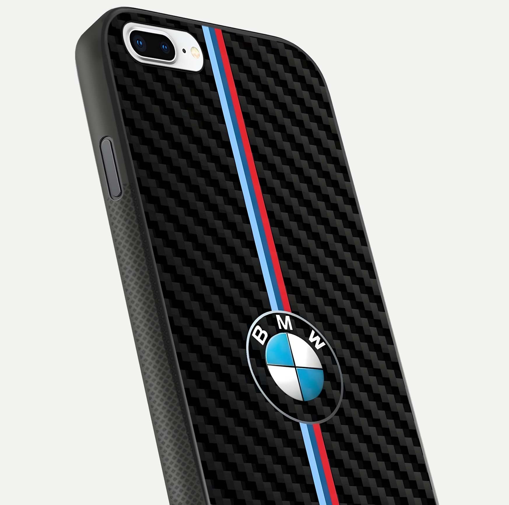 BMW Pattern Glass Case for iPhone 7 Plus close-up angle showing BMW logo detailing and high-reflect gloss texture