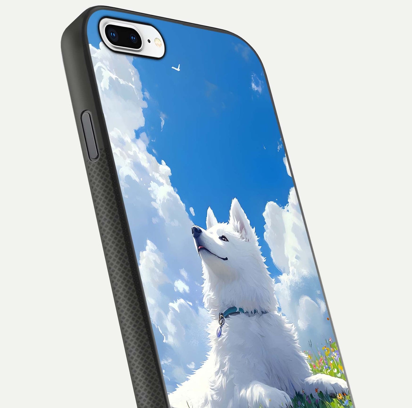 Blissful Cloud Pup Glass Case for iPhone 7 Plus close-up image highlighting puppy details and glossy reflection