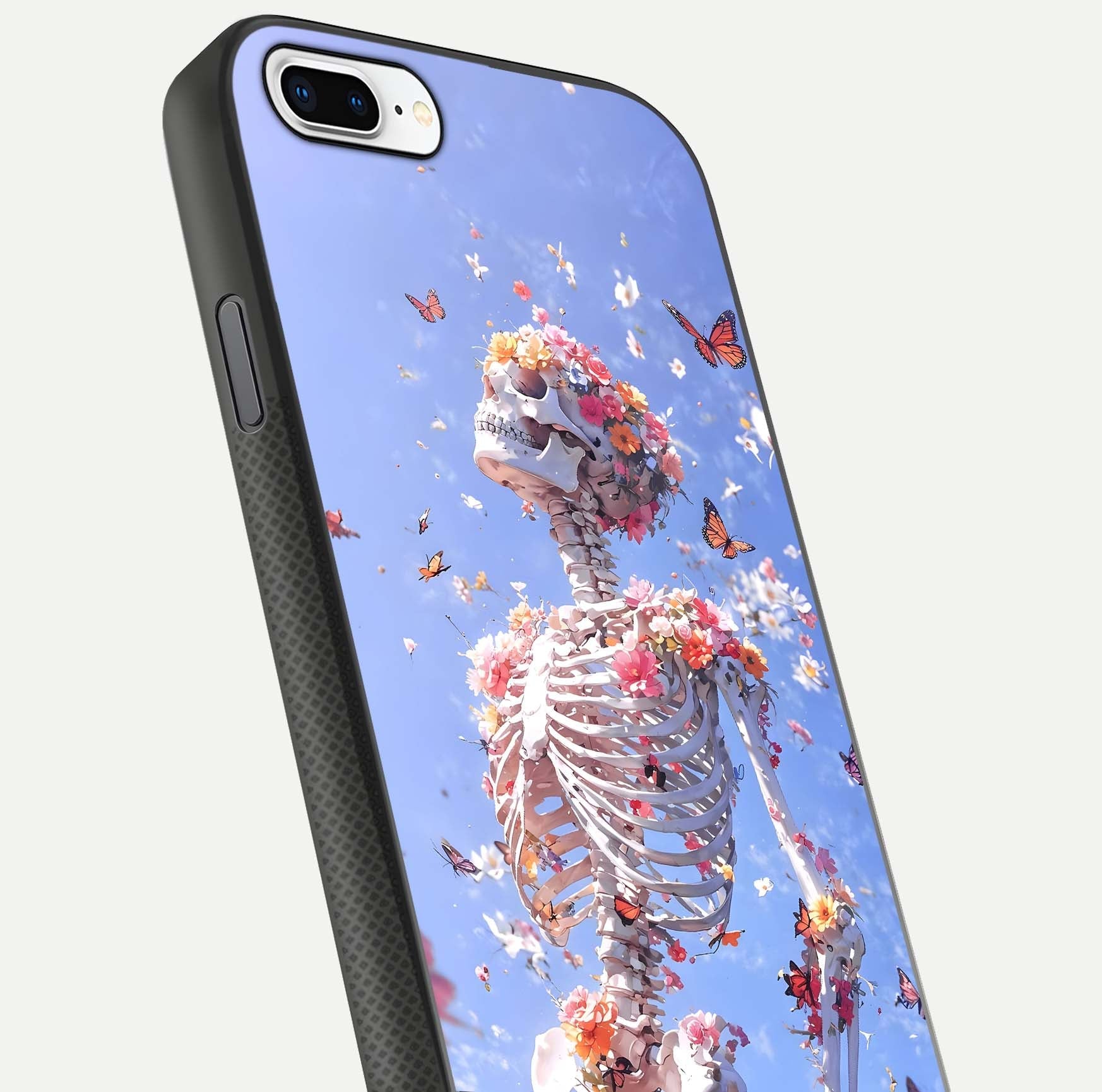 Bloom Beyond Bones Glass Case for iPhone 7 Plus close-up highlighting unique bone-floral fusion art and reflection