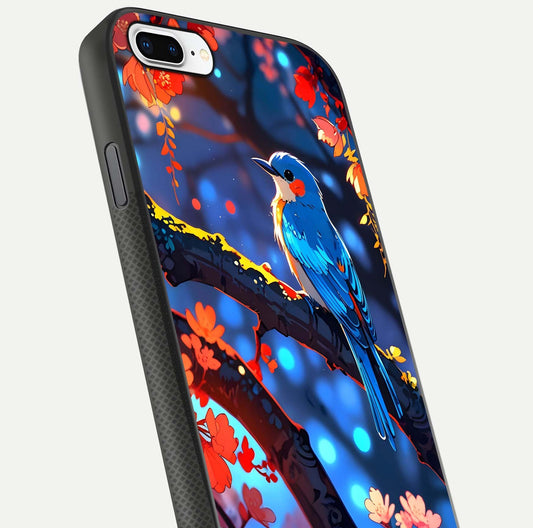 Blooming Spendor Bird Glass Case for iPhone 7 Plus close-up shot highlighting bird design details and glossy shine