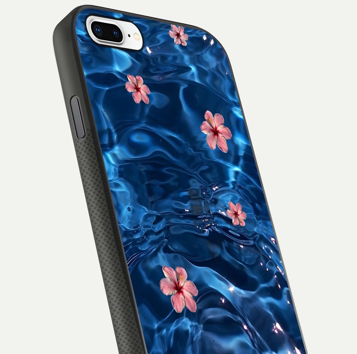 Blooming Water Drift Glass Case for iPhone 7 Plus close-up angle showing petal details, soft aqua tones, and smooth gloss reflection