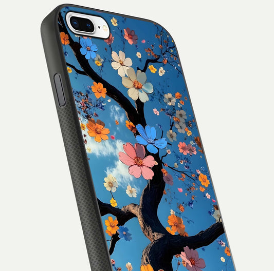 Blossom Dream Sky Glass Case for iPhone 7 Plus close-up shot highlighting dreamlike clouds and pink blossoms