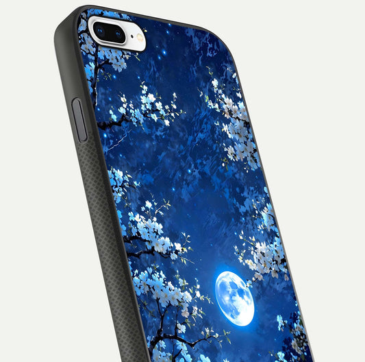 Blossom Moonlight Sky Glass Case for iPhone 7 Plus close-up angle capturing moon glow and flower detail reflections