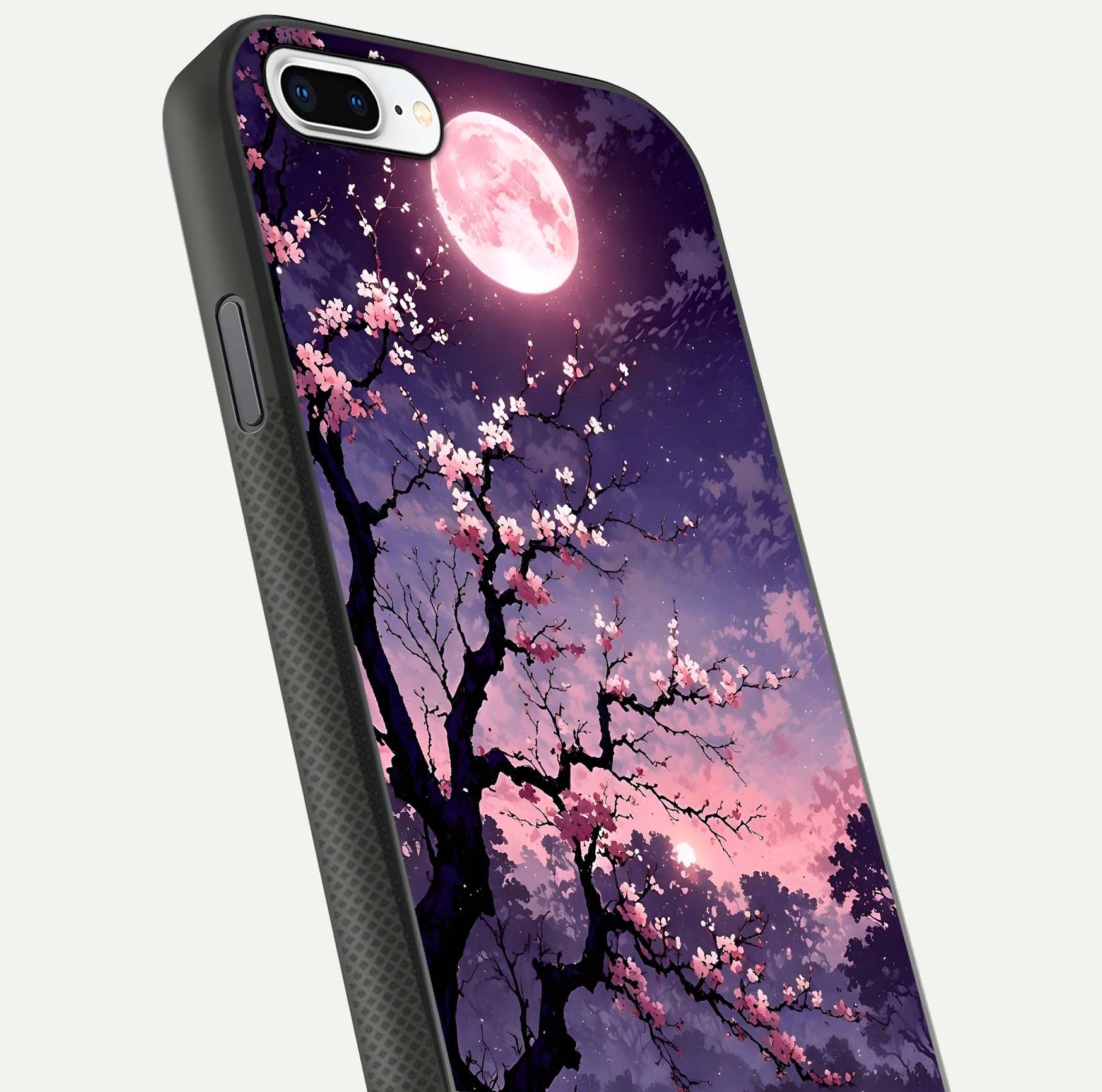 Blossom Pink Moon Glass Case for iPhone 7 Plus close-up shot showing pink tones, moon highlight, and reflection gloss