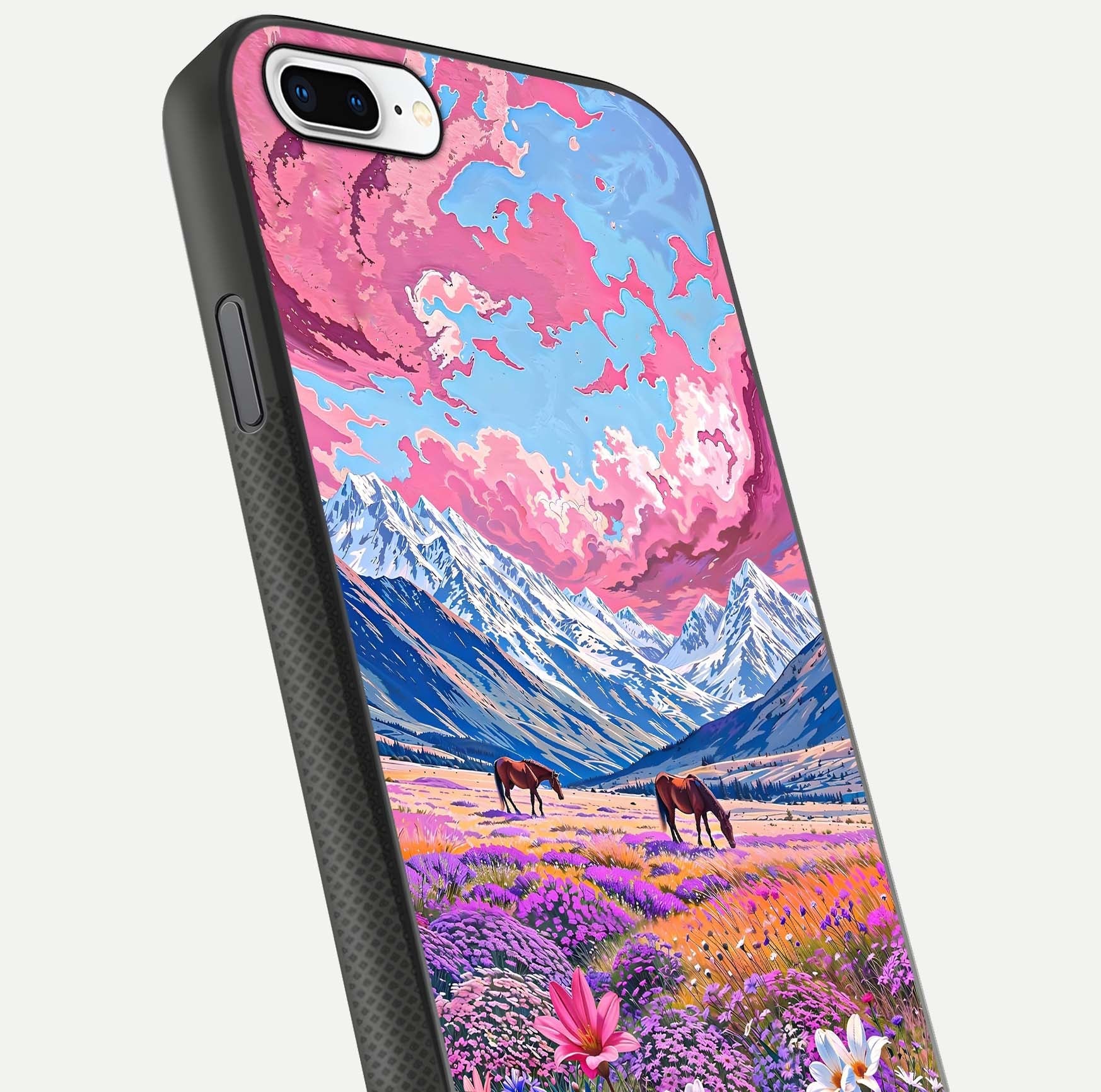 Blossom Valley Dream Glass Case for iPhone 16 Pro close-up view showing detailed flower print and pastel hues