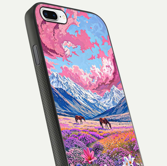 Blossom Valley Dream Glass Case for iPhone 7 Plus close-up view showing detailed flower print and pastel hues