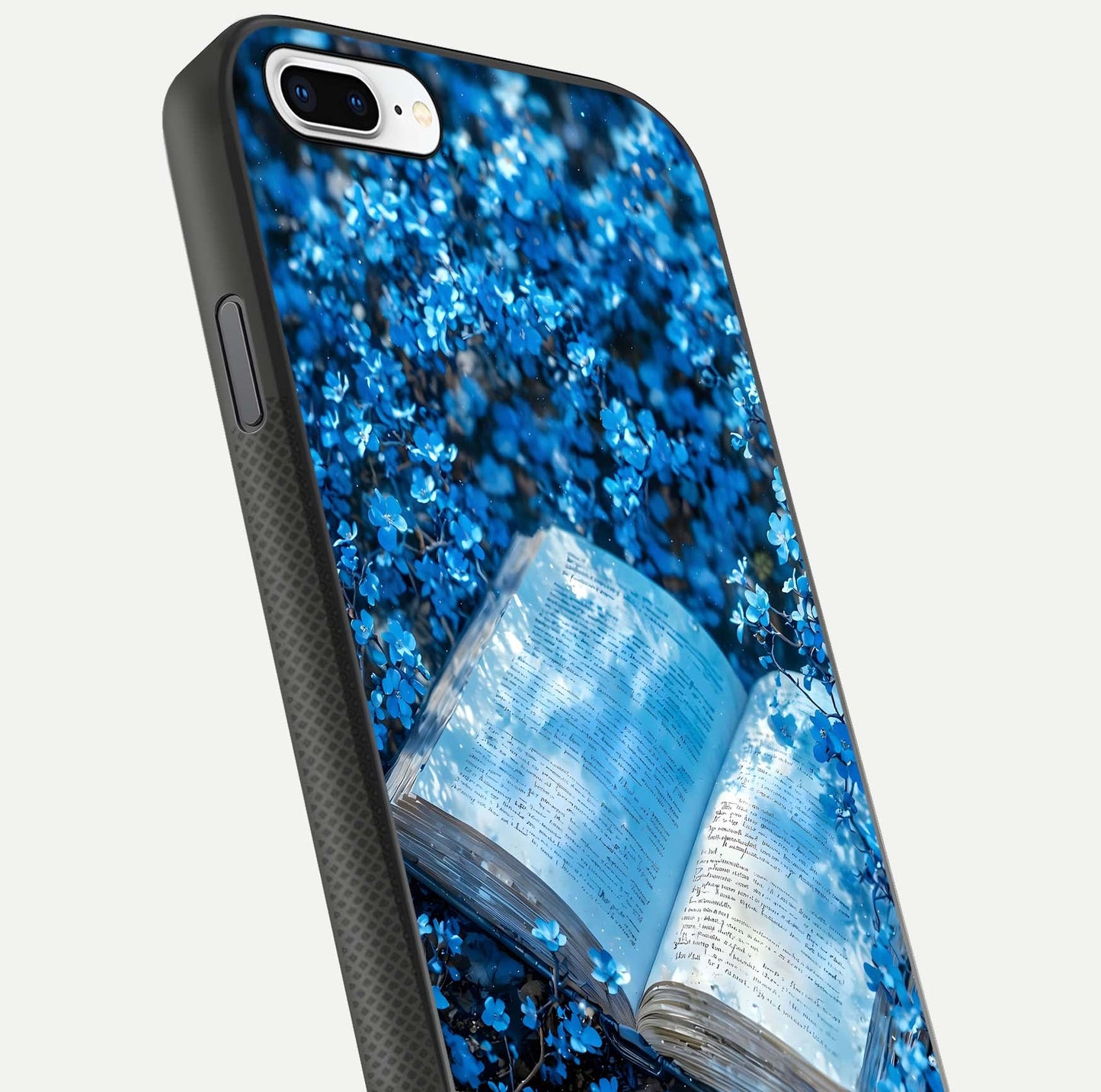 Blue Bloom Tales Glass Case for iPhone 7 Plus close-up angle showing petal texture and blue tone reflection