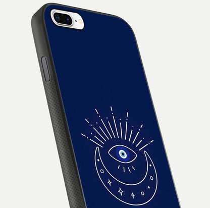 Blue Evil Eye Glass Case for iPhone 7 Plus close-up shot highlighting eye motif, protection symbol, and glass shine